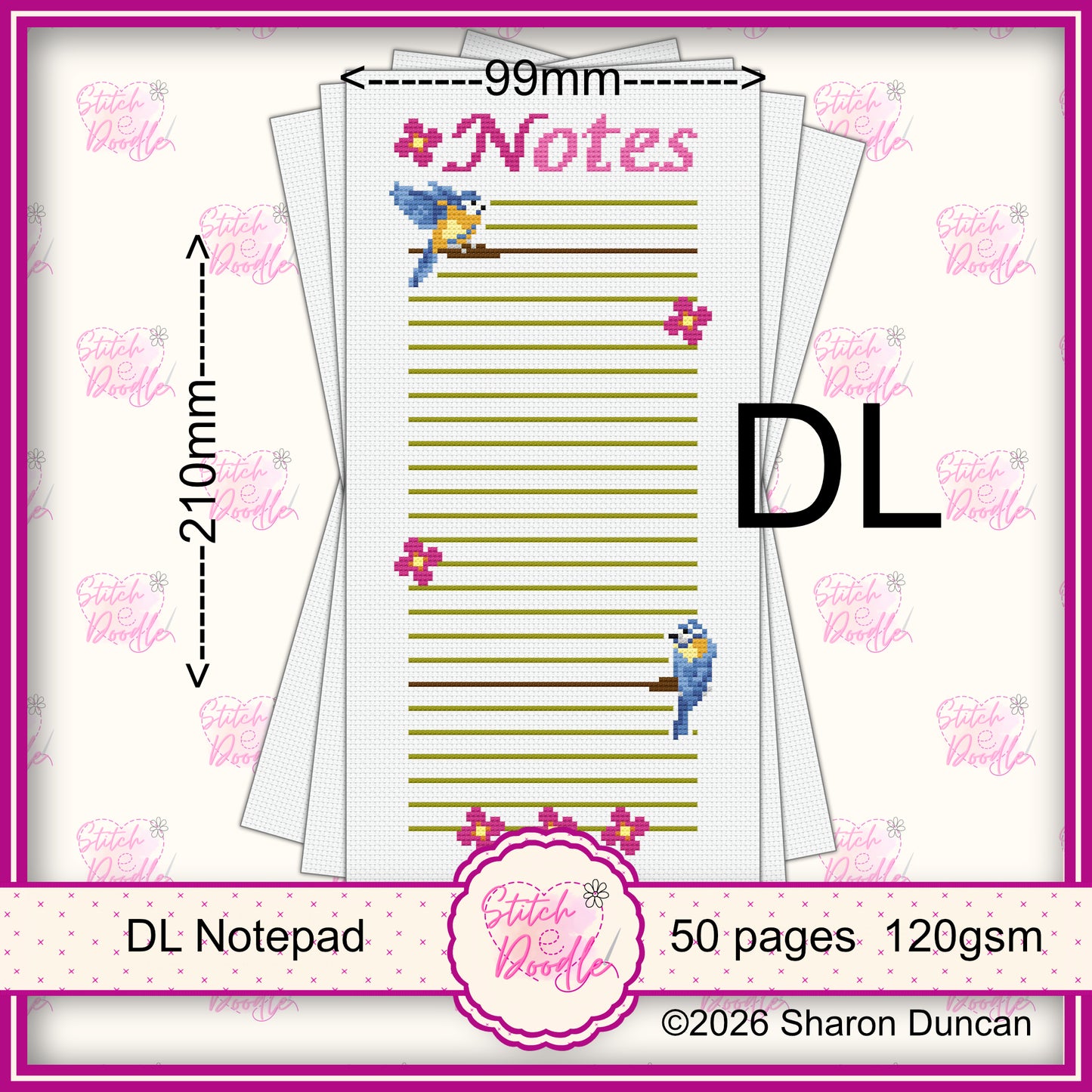 Cross Stitch Themed Notepad - Blue-tit Garden - *FREE* Birdhouse Chart included