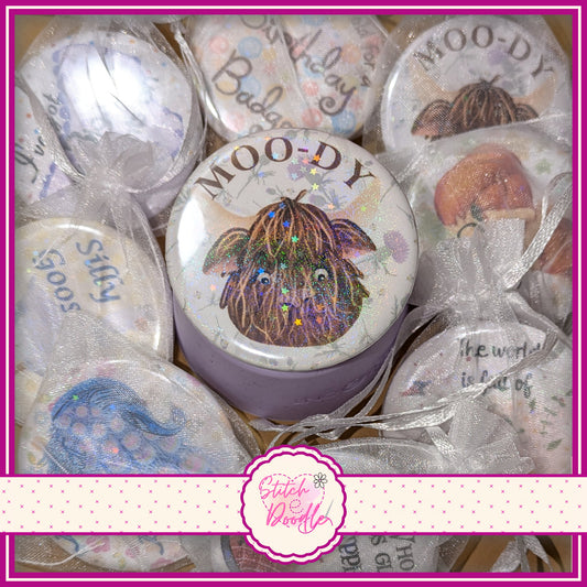 Button Badge. Moody (cow) - Fun and Whimsical