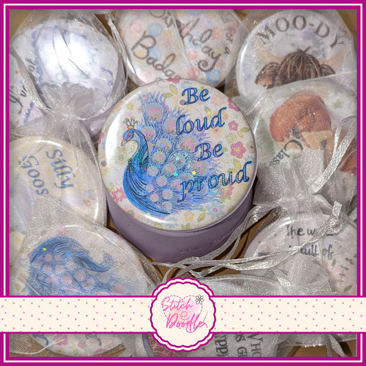 Button Badge. Be Loud Be Proud Peacock.