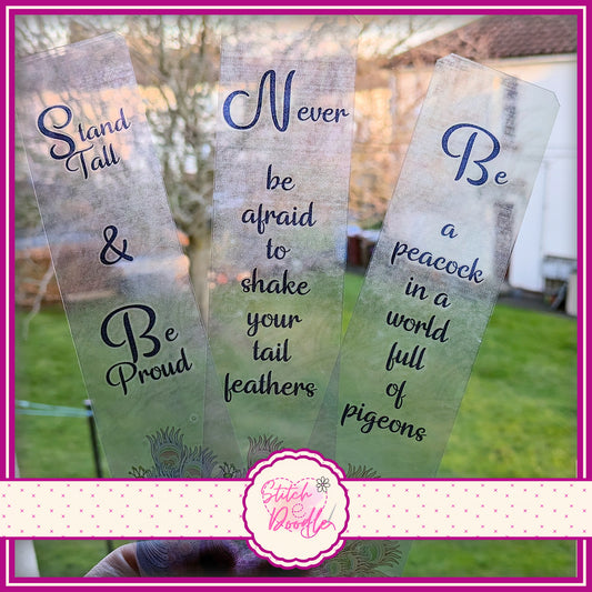 Set of 3 Transparent Bookmarks. Elegant peacock with quotes.