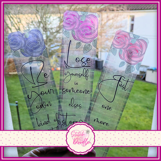 Set of 3 Transparent Bookmarks. Nouveau Rose with quotes.