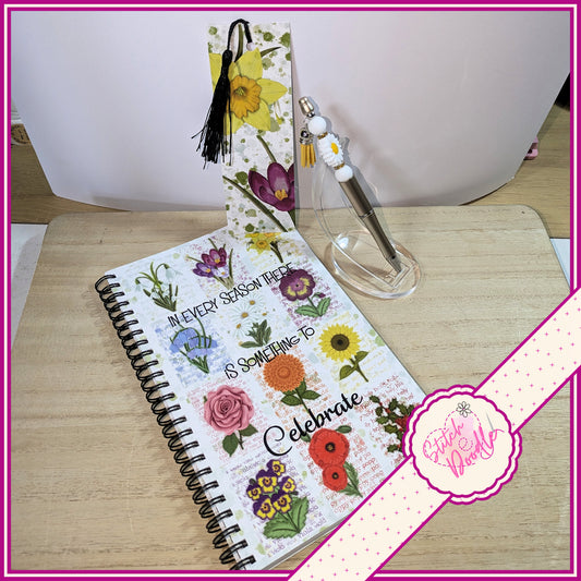 Gift Set - Paintbox Petals - A5 Notebook, Beaded Pen and Bookmark.