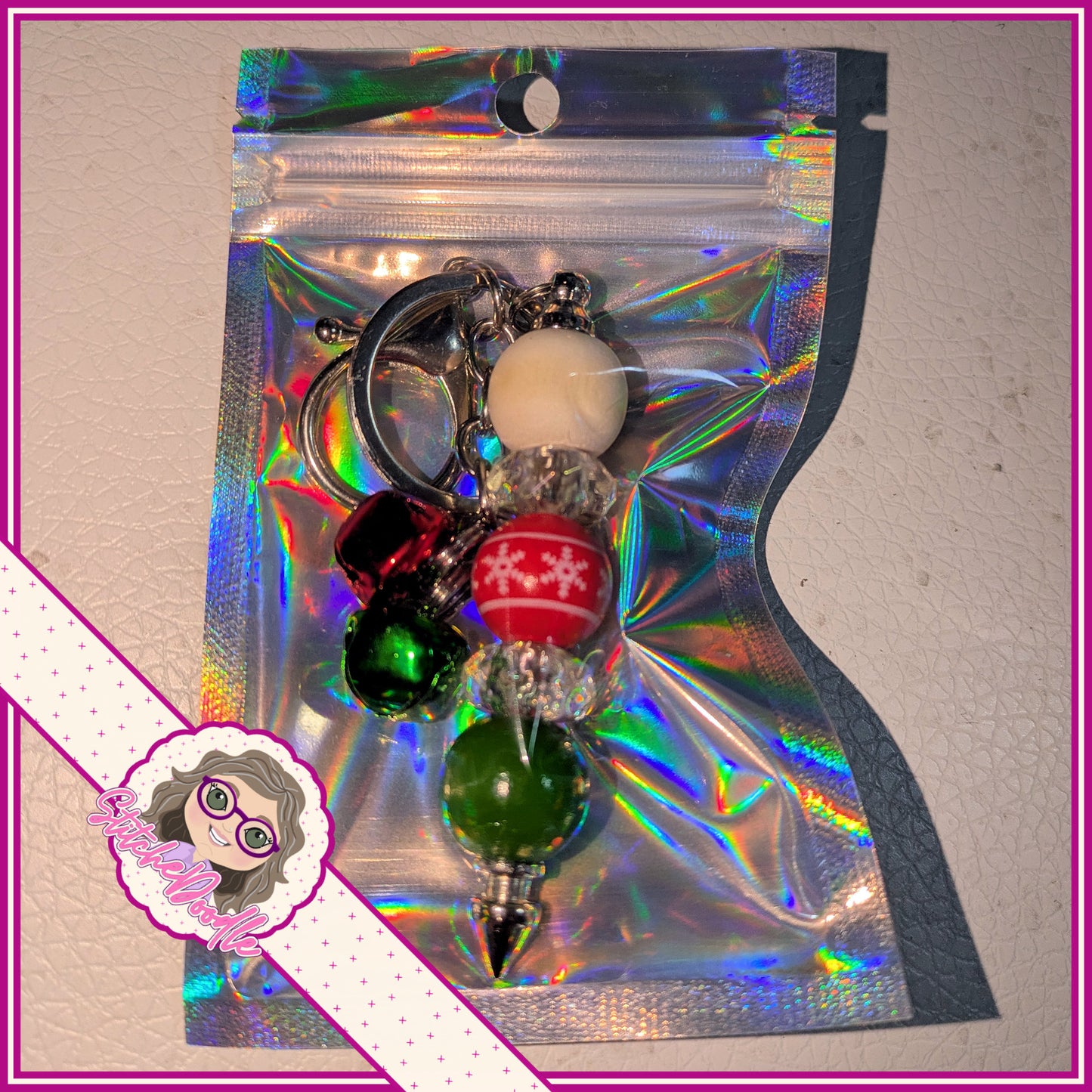 Santa's Keys with Jingle Bbells. Handmade Beaded Keyring.