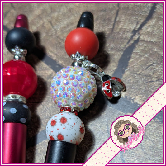 Set of 2 Ladybug Love Handmade Beaded Pens with Charms and Velvet Pouches