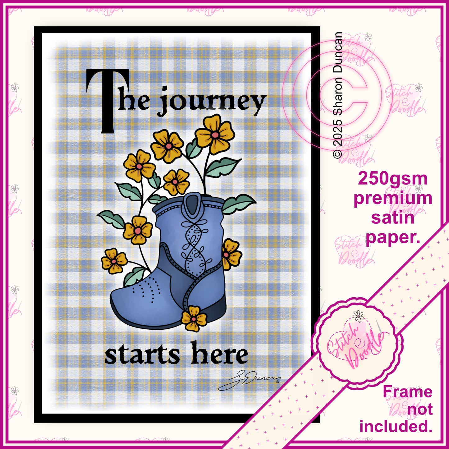Western Boots - Plaid Floral Affirmation Print - Blue.