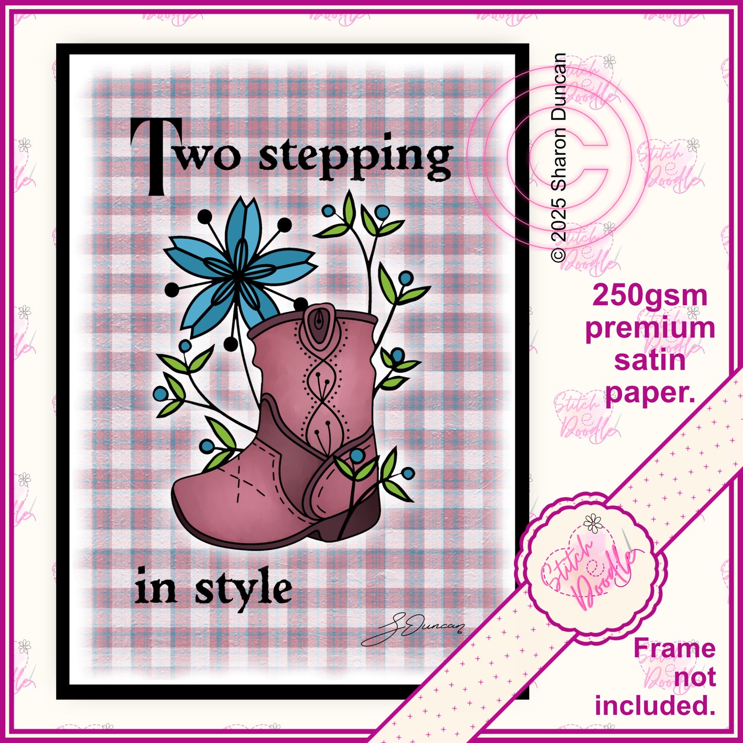 Western Boots - Plaid Floral Affirmation Print - Pink.