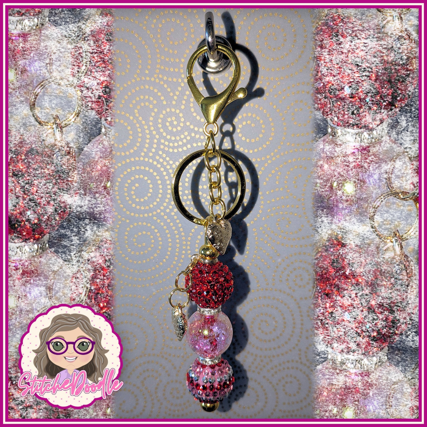 Two Hearts Beaded Keyring/Scissor Fob or Bag Charm in Red and Gold - Ideal Gift