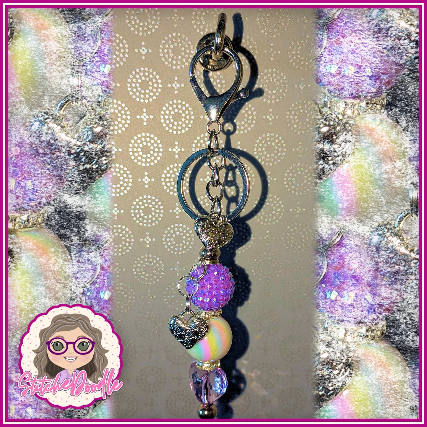 Two Hearts Beaded Keyring/Scissor Fob or Bag Charm in Lilac and Silver - Ideal Gift