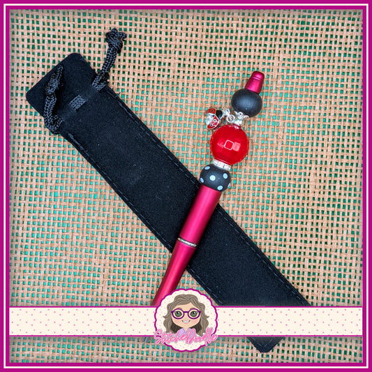 Red Ladybug Love Handmade Beaded Pen with Charm and Black Velvet Pouch