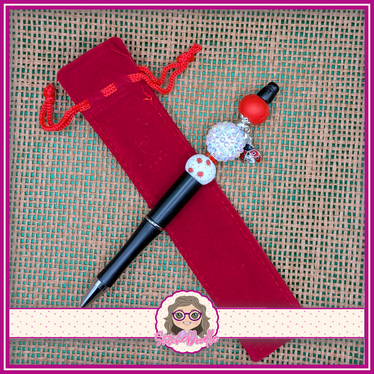 Black Ladybug Love Handmade Pen with Charm and Red Velvet Pouch