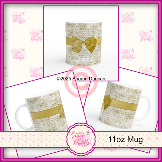 Elegant Script and Ribbon Mug - 11oz Ceramic Coffee Mug - Available in Gold or Silver