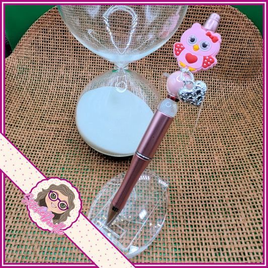 Owl Love Handmade Beaded Pen with Silver Heart Charm - Ideal Gift