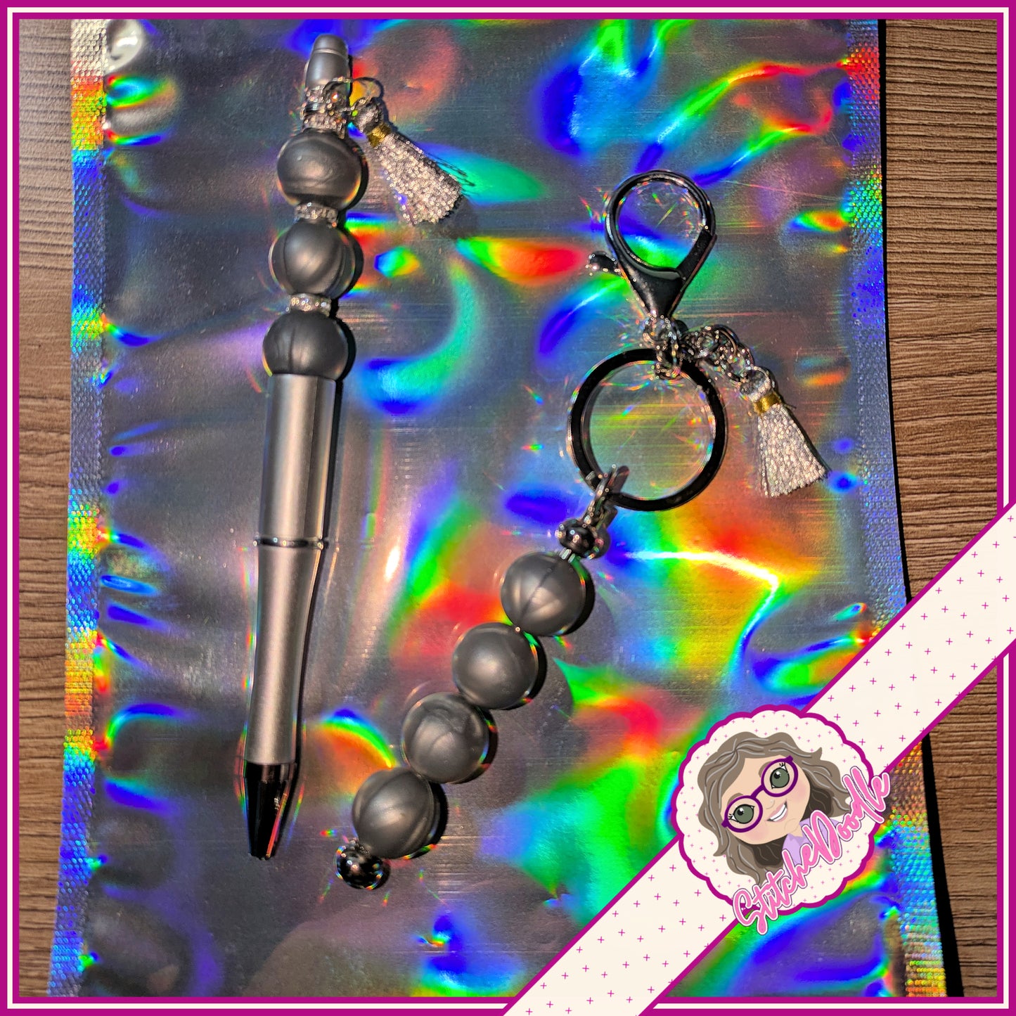 Silver Beaded Keyring/Scissor Fob and Pen with Tassels - Ideal Gift