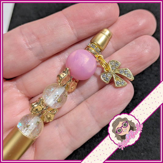 Pink/Gold Bow Handmade Pen with Sparkly Bow Charm - With Velvet Pouch Included