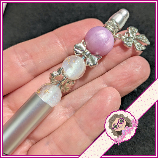 Precious Collection - Lilac/Silver Bows - Handmade Beaded Pen - With Velvet Pouch