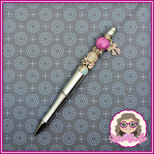 Precious Collection - Lilac/Silver Bows - Handmade Beaded Pen - With Velvet Pouch