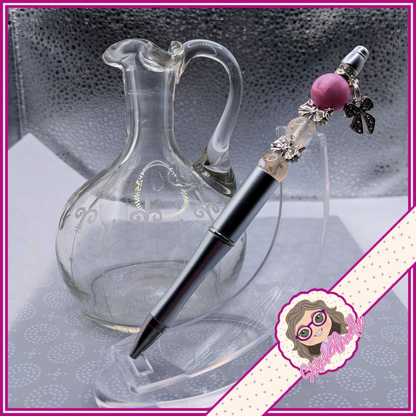 Precious Collection - Lilac/Silver Bows - Handmade Beaded Pen - With Velvet Pouch