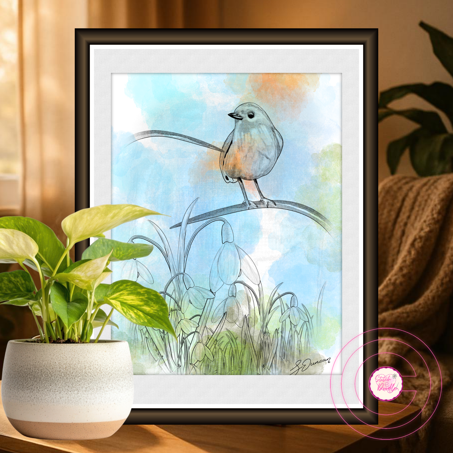 Watercolour Art Print - Robin and Snowdrops in sketchy soft tones