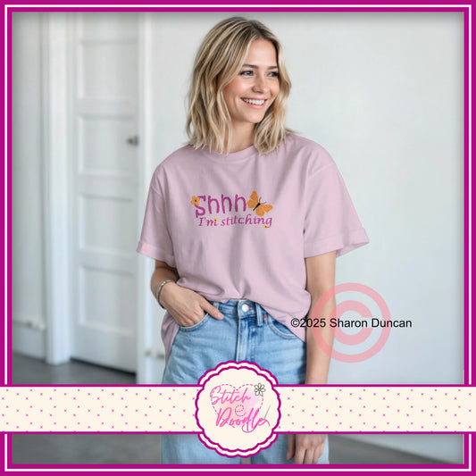 Shh! I'm Stitching' Heavyweight Unisex Crewneck T-shirt - Cross stitch effect motif