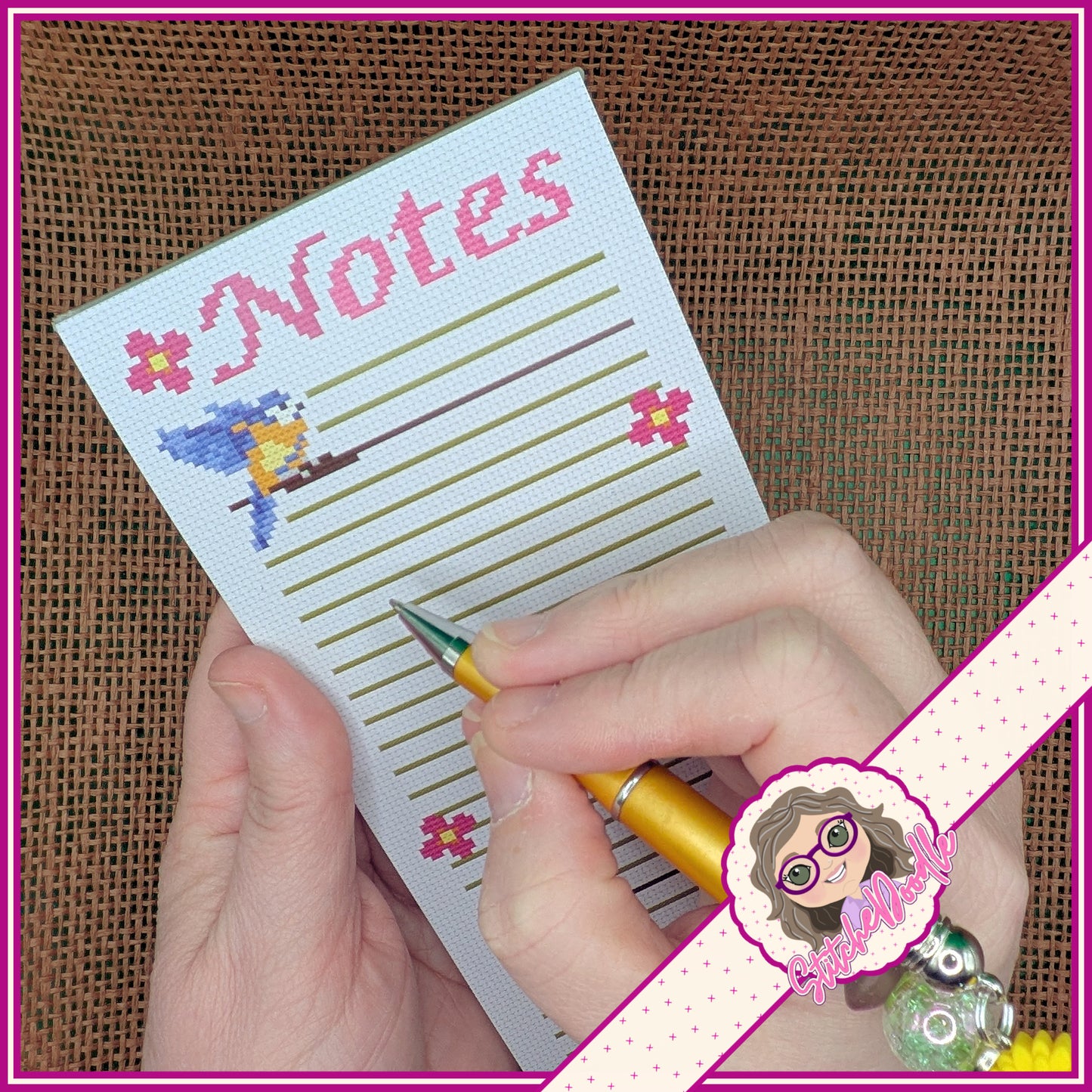 Cross Stitch Themed Notepad and Exclusive Pen - Blue-tit Garden - *FREE* Birdhouse Chart included