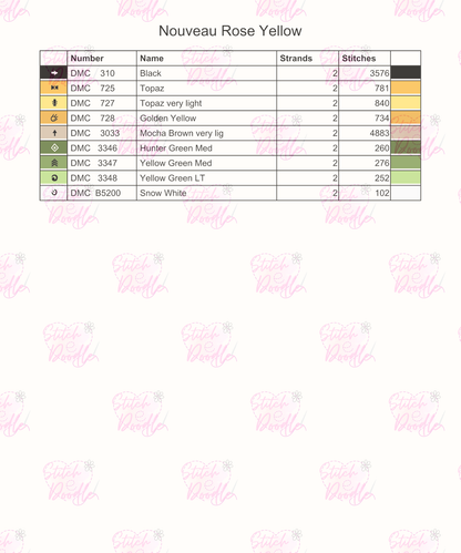 Cross Stitch Chart - Nouveau Rose Yellow - Digital Download