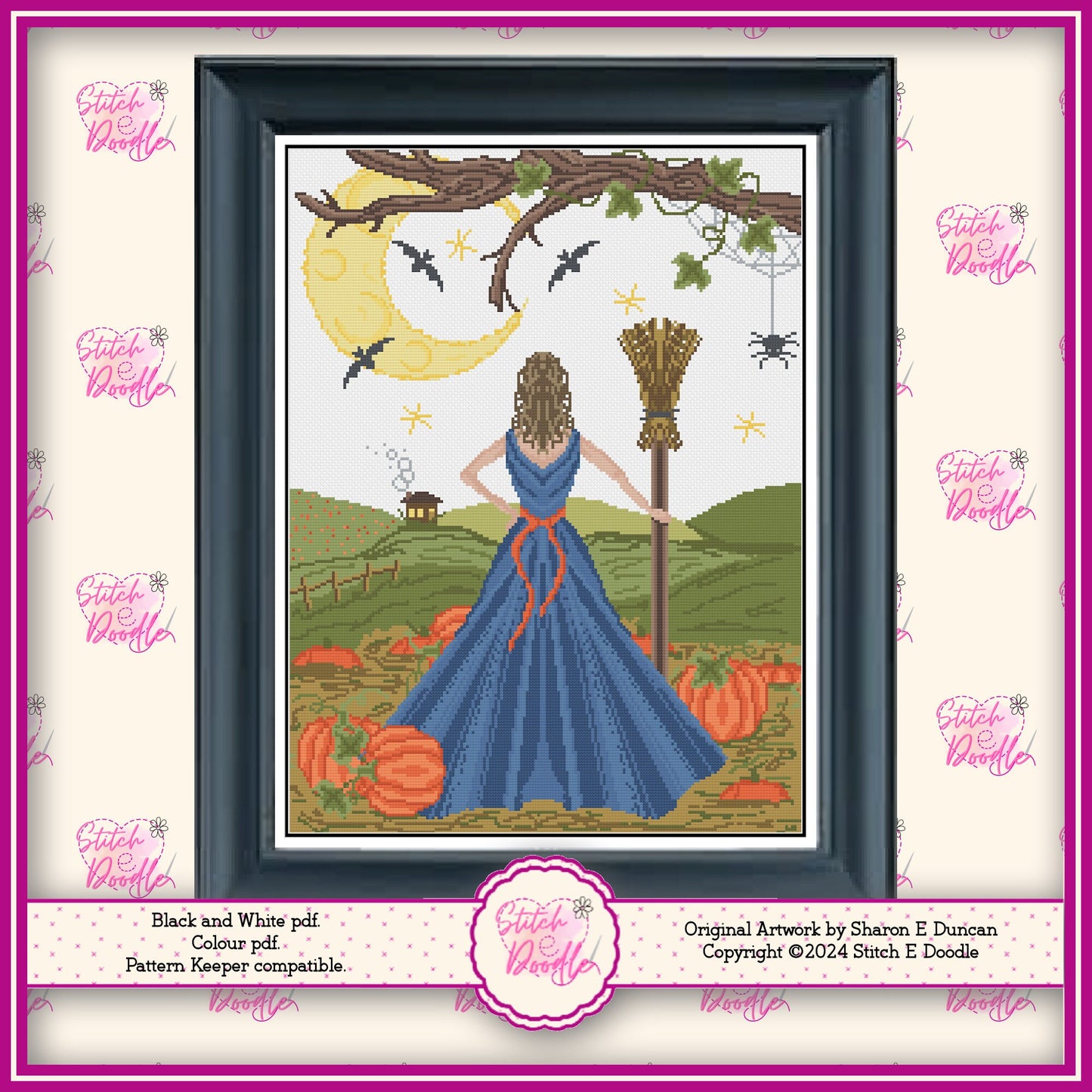 Beautiful and Elegant Cross Stitch Chart featuring Pumpkin Maiden. PDF & Pattern Keeper compatible. DMC floss. Includes printable tracker.