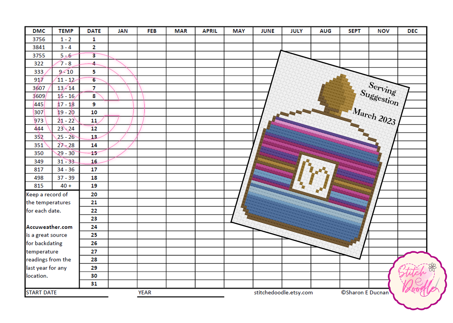 Perfume Bottles Temperature Sampler 365 days of stitching - Digital Download