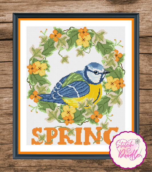 Cross Stitch Chart - Floral and Ivy Wreath - Spring Blue Tit - Digital Download