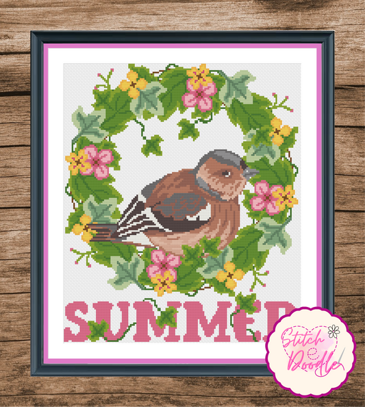 Cross Stitch Chart - Floral and Ivy Wreath - Summer Chaffinch - Digital Download