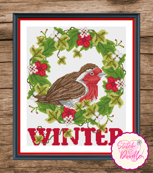 Cross Stitch Chart - Floral and Ivy Wreath - Winter Robin - Digital Download