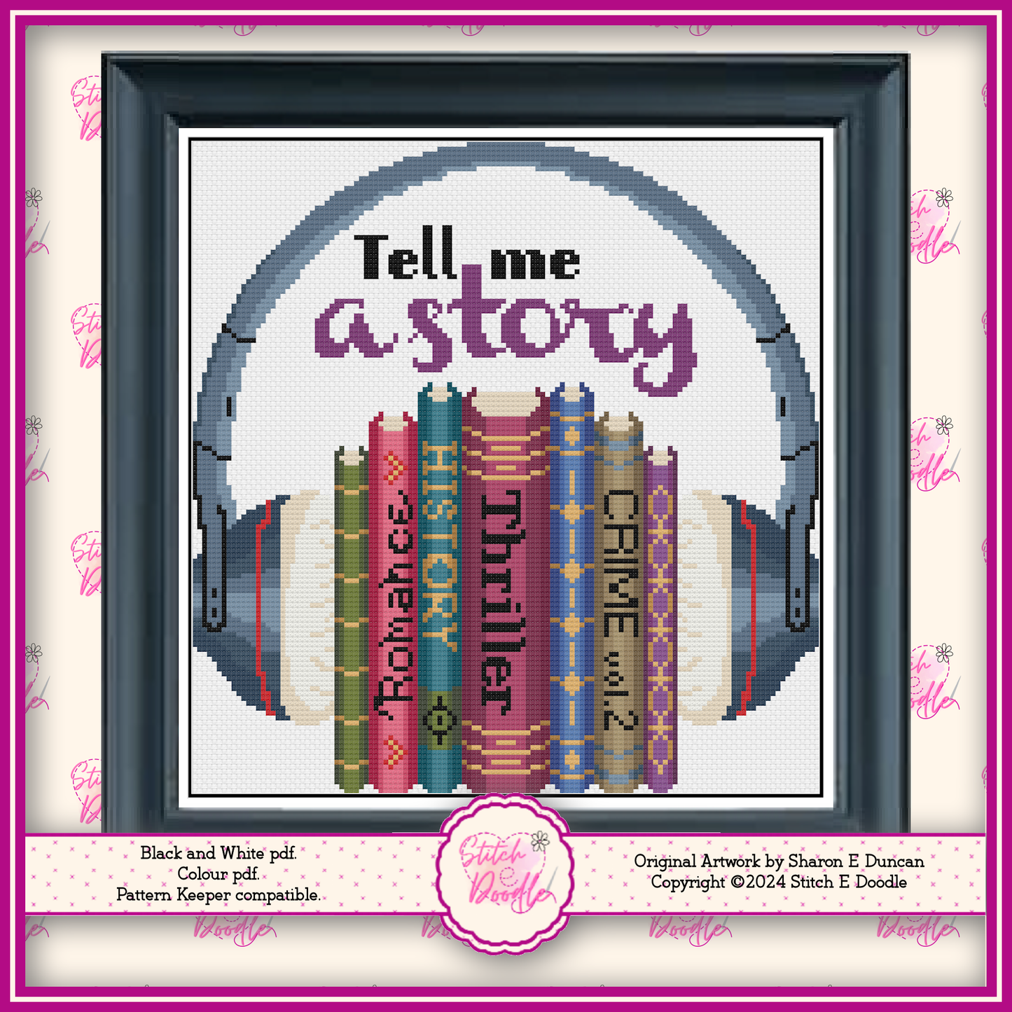 Tell Me A Story Audiobook Cross Stitch Chart.  Audiobook lover design.  PDF and Pattern Keeper.  DMC floss.  Includes printable tracker.