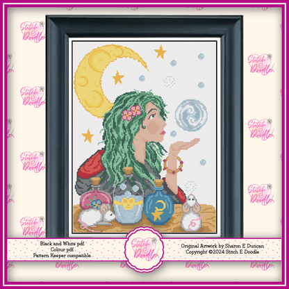 Magic Bubbles Witch Magical Cross Stitch Chart.  PDF and Pattern Keeper.  Includes printable tracker.  Instant Download.