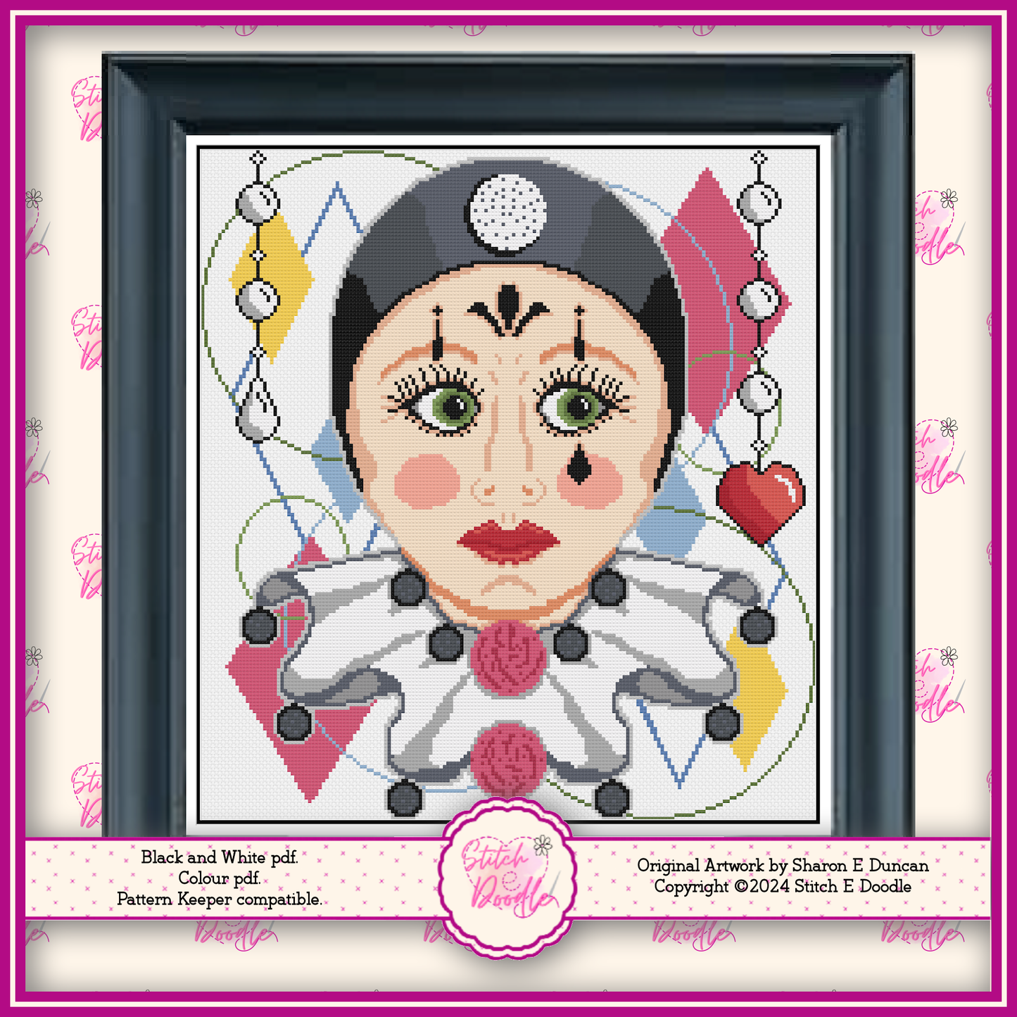 Pierrot Clown Sampler Stylish Cross Stitch Chart.  PDF and Pattern Keeper.  DMC floss.  Includes printable tracker.  Instant Download.