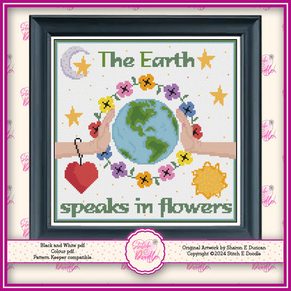 Mother Earth Inspirational Floral Cross Stitch Chart.  PDF and Pattern Keeper.  DMC floss.  Includes printable tracker. Instant Download.