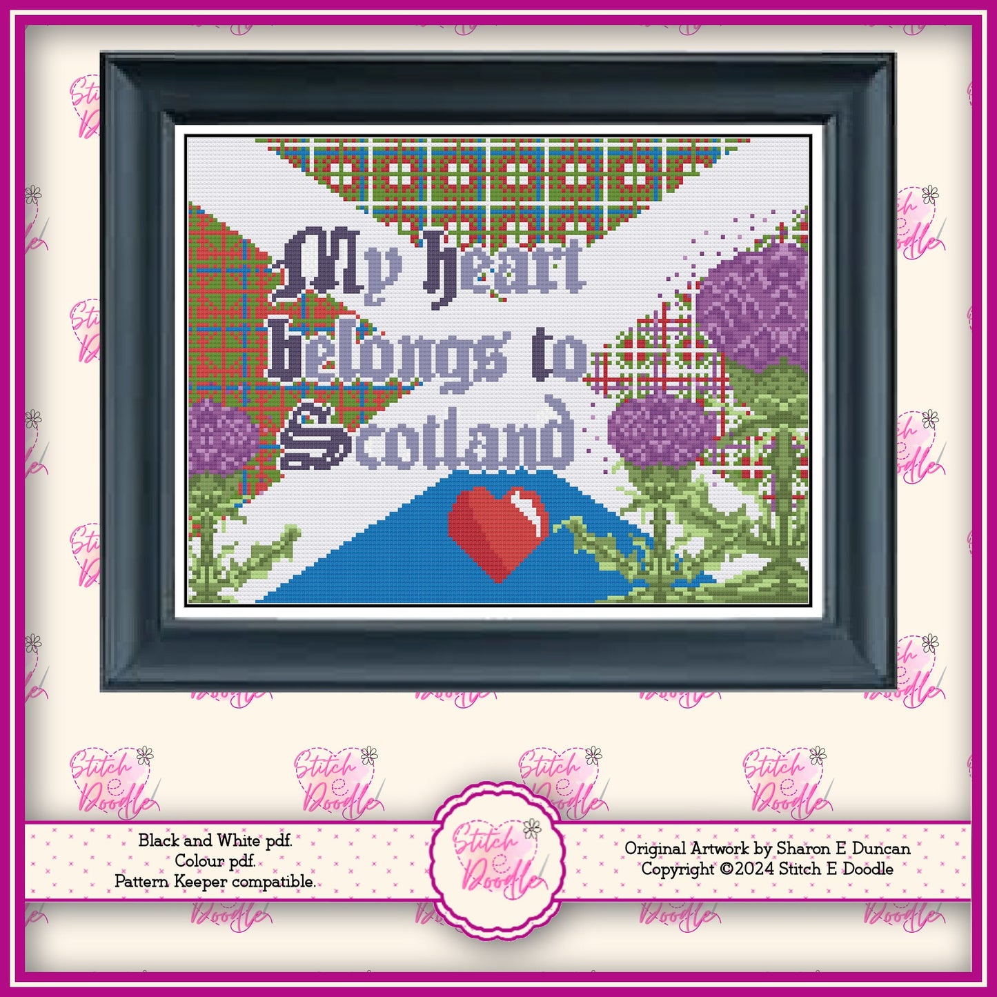 My Heart Belongs To Scotland Scottish Cross Stitch Chart.  PDF and Pattern Keeper. DMC floss. Includes printable tracker. Instant Download.