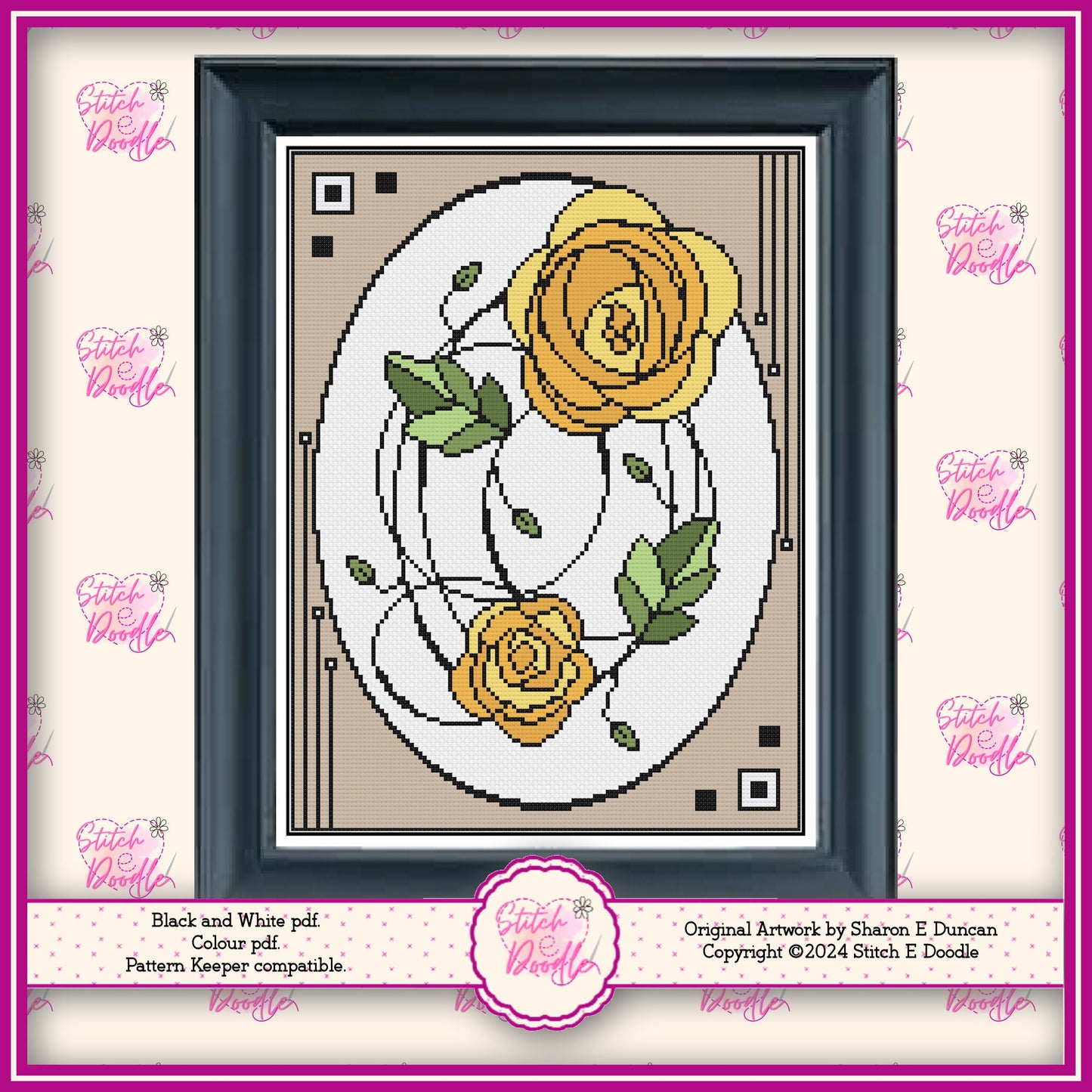 Nouveau Rose Deco Style Cross Stitch Chart. Yellow Rose. PDF and Pattern Keeper.  DMC floss.  Includes printable tracker. Instant Download.