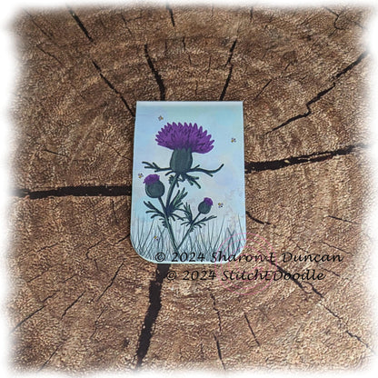 Beautiful Scottish Thistle Double sided Laminated Magnetic Bookmark.  Original digital painting by Sharon Duncan.