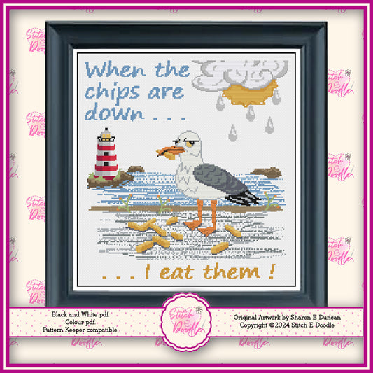 Comical Seagull Chips are down Cross Stitch Chart.  PDF and Pattern Keeper.  DMC floss.  Includes printable tracker.  Instant Download.