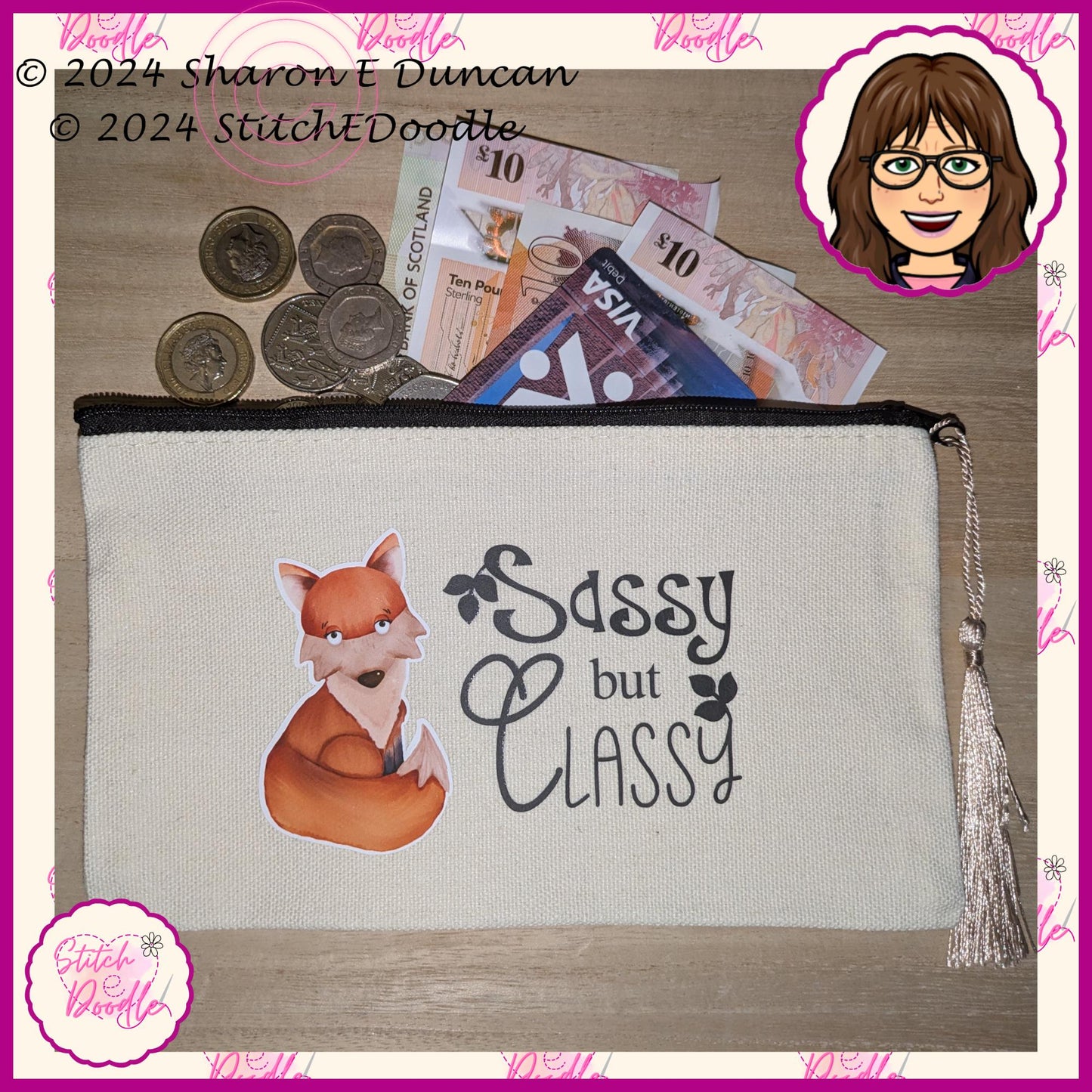 Secret Santa, Pencil case, Make up bag, Coin purse etc with tassel.  'Sassy but Classy'. Original artwork by Sharon Duncan