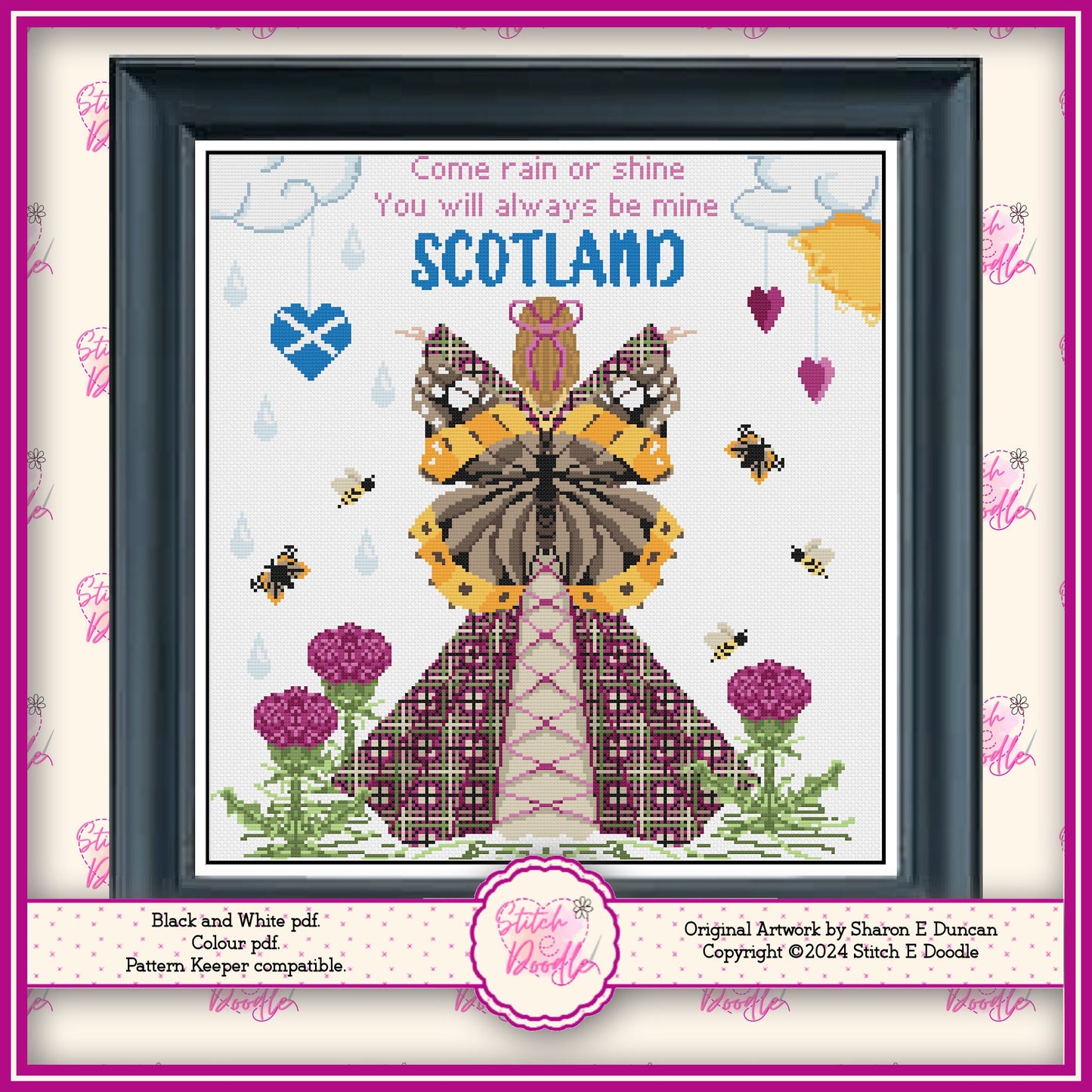 Beautiful and Elegant Cross Stitch Chart featuring Scottish Maiden. PDF & Pattern Keeper compatible. DMC floss. Includes printable tracker.