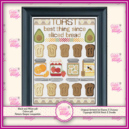 Fun and Tasty Toast Cross Stitch Sampler.  PDF and Pattern Keeper.  DMC floss.  Includes printable tracker.  Instant Download.