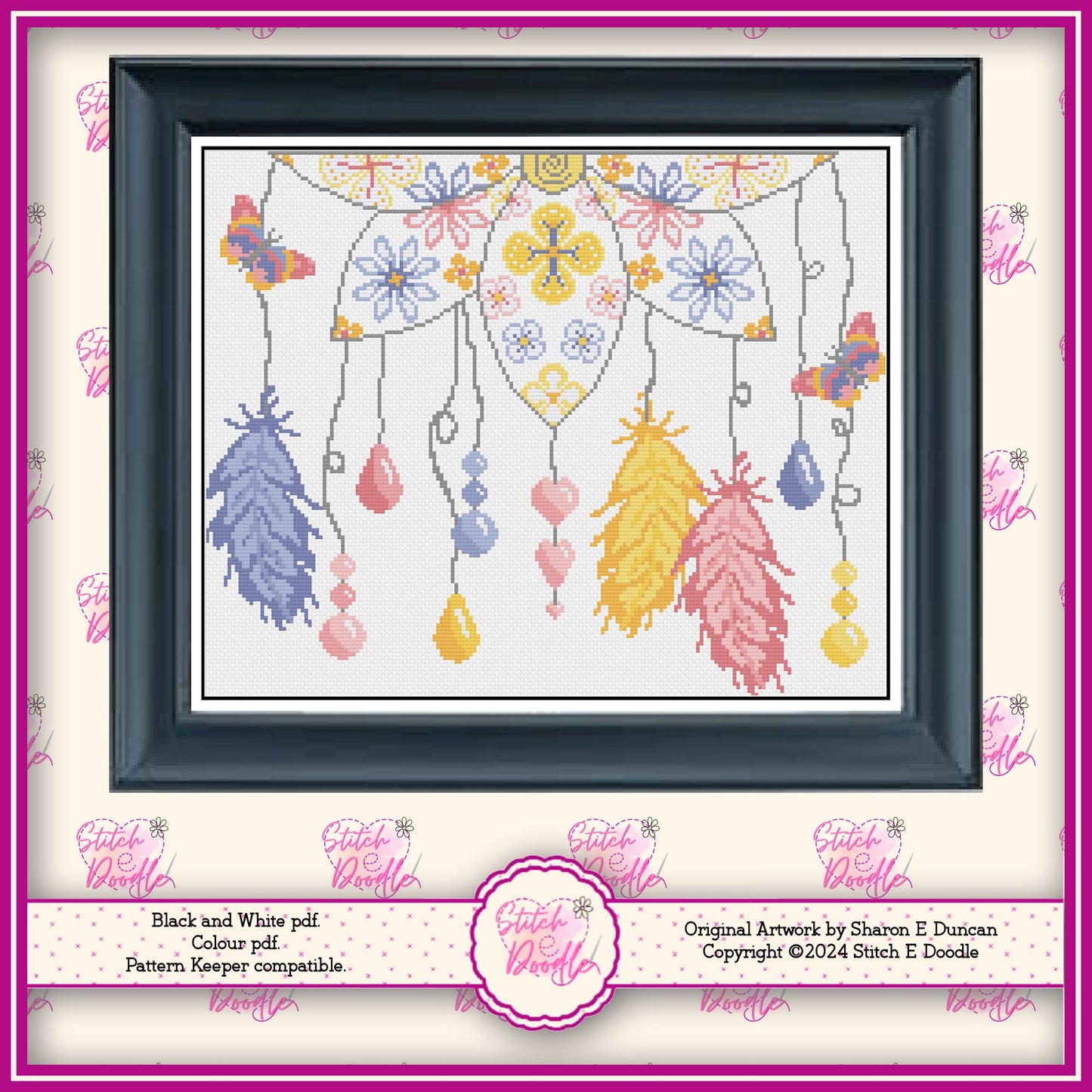 Pretty Pastel Dream Catcher Cross Stitch Chart.  PDF and Pattern Keeper.  DMC floss.  Includes printable tracker.  Instant Download.