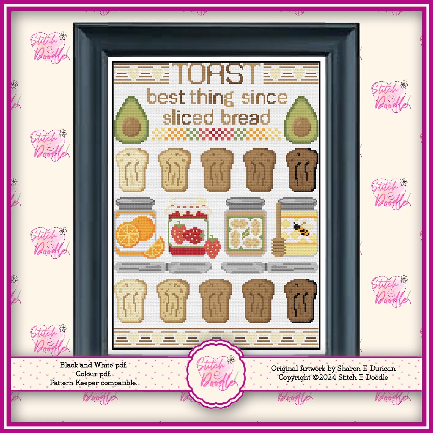 Fun and Tasty Toast Cross Stitch Sampler.  PDF and Pattern Keeper.  DMC floss.  Includes printable tracker.  Instant Download.