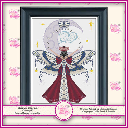 Beautiful Elegant Cross Stitch Chart featuring Scarlet Moth Maiden. PDF & Pattern Keeper compatible. DMC floss. Includes printable tracker.