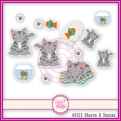 GREY CAT Glossy Vinyl Sticker Packs. 12 stickers per pack. Cute, Fun and Durable. Decorate journals, planners & more..