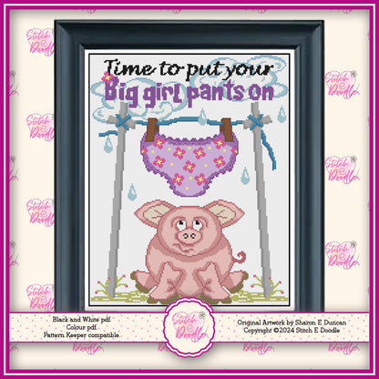 Big Girl Pants On Funny Pig Cross Stitch Chart. PDF and Pattern Keeper compatible. DMC floss. Includes printable tracker. Instant Download.