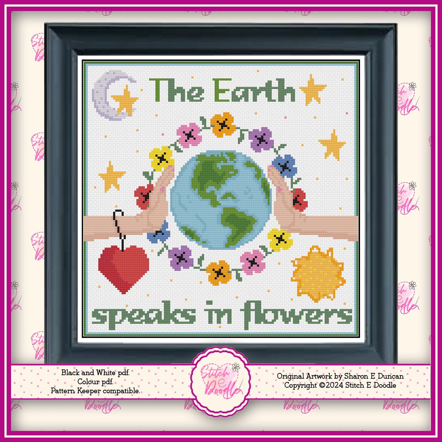 Mother Earth Inspirational Floral Cross Stitch Chart.  PDF and Pattern Keeper.  DMC floss.  Includes printable tracker. Instant Download.