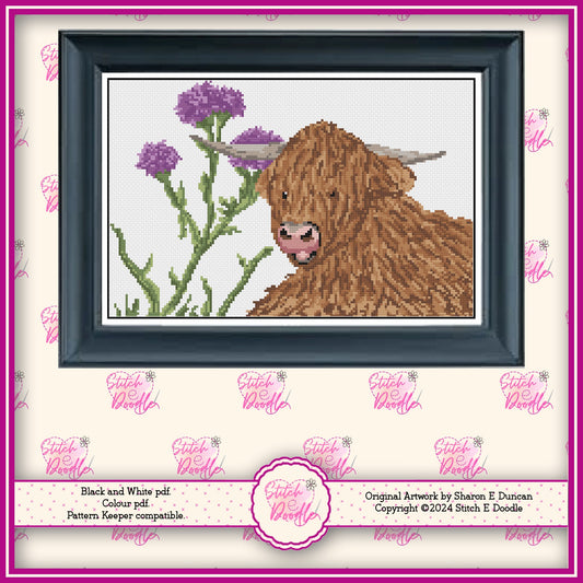 Hamish Highland Cow Scottish Cross Stitch Chart.  PDF and Pattern Keeper.  DMC floss.  Includes printable tracker.  Instant Download.