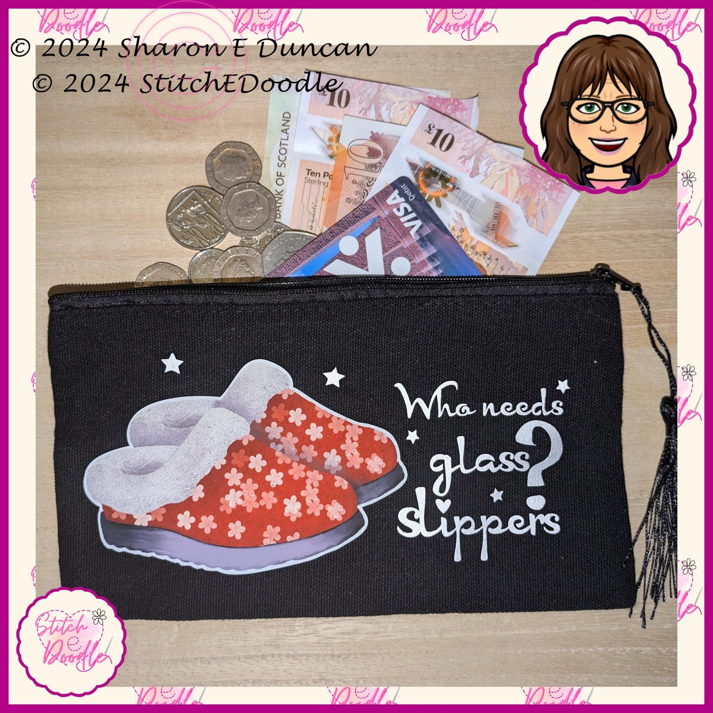 Secret Santa, Pencil case, Make up bag, etc with tassel. 'Who needs glass slippers? Chocolate understands'.Original artwork by Sharon Duncan