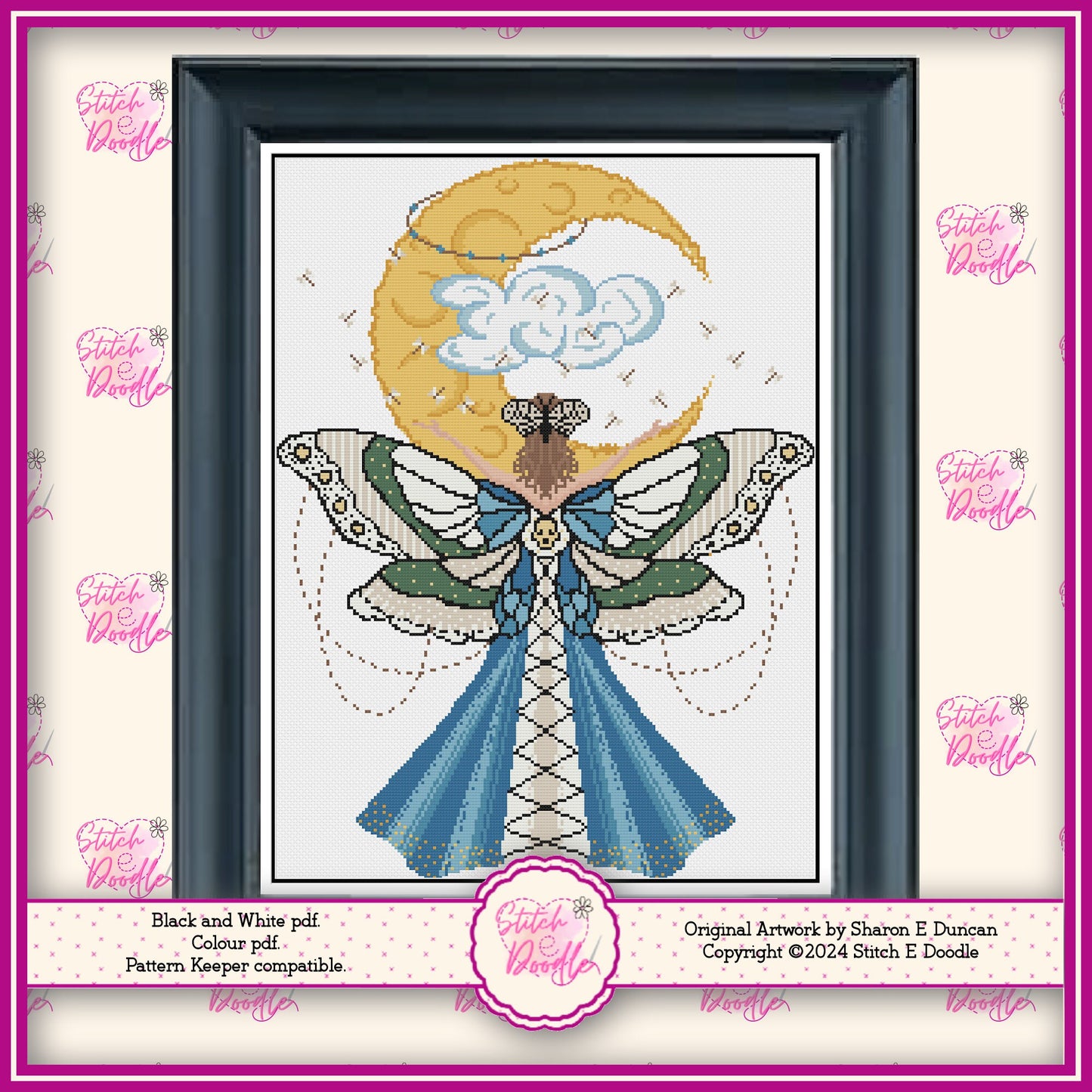 Beautiful and Elegant Cross Stitch Chart featuring Blue Moth Maiden. PDF & Pattern Keeper compatible. DMC floss. Includes printable tracker.